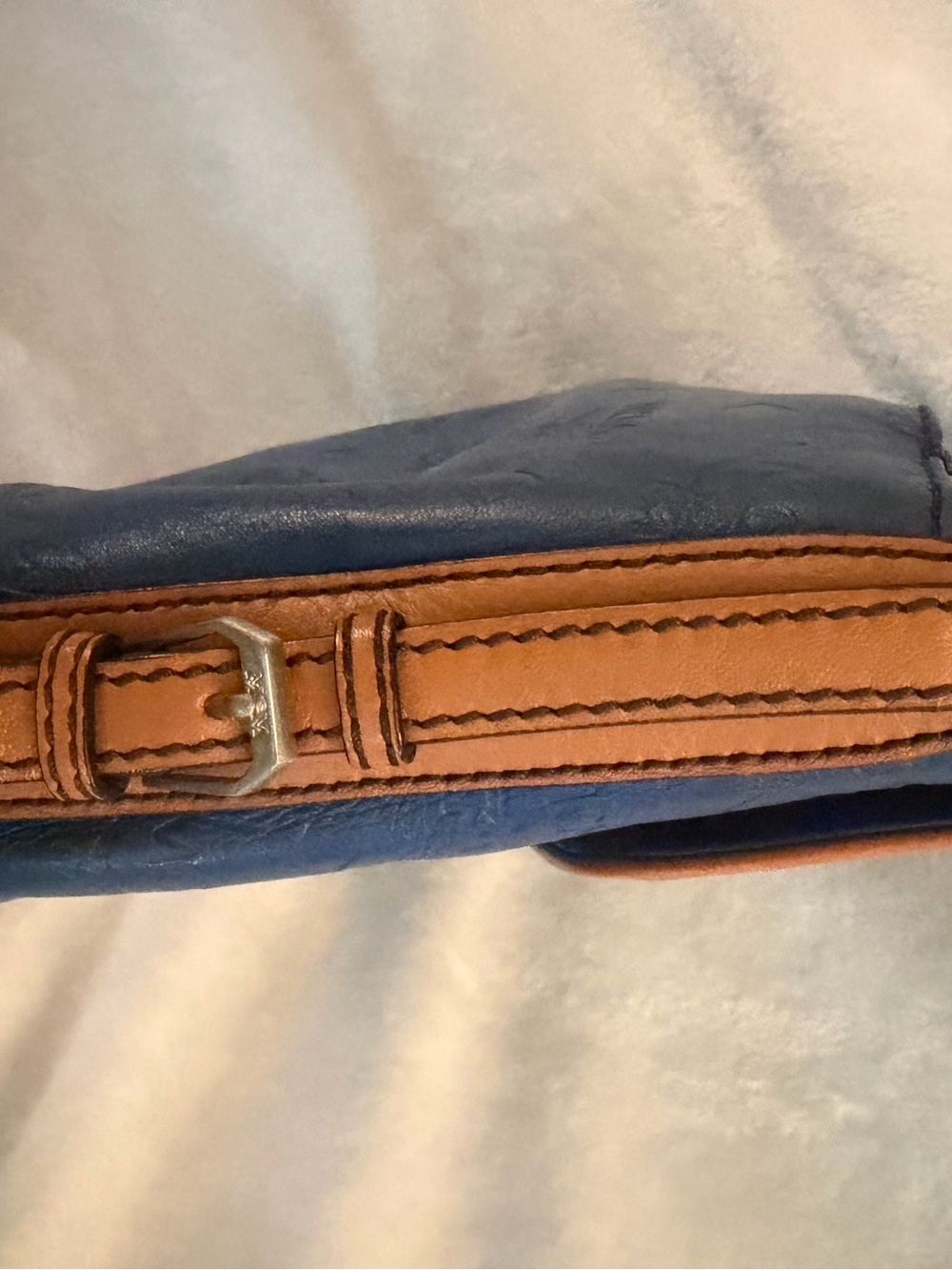 MCM Blue Leather Shoulder Bag with Tan strap - Picture 3 of 11